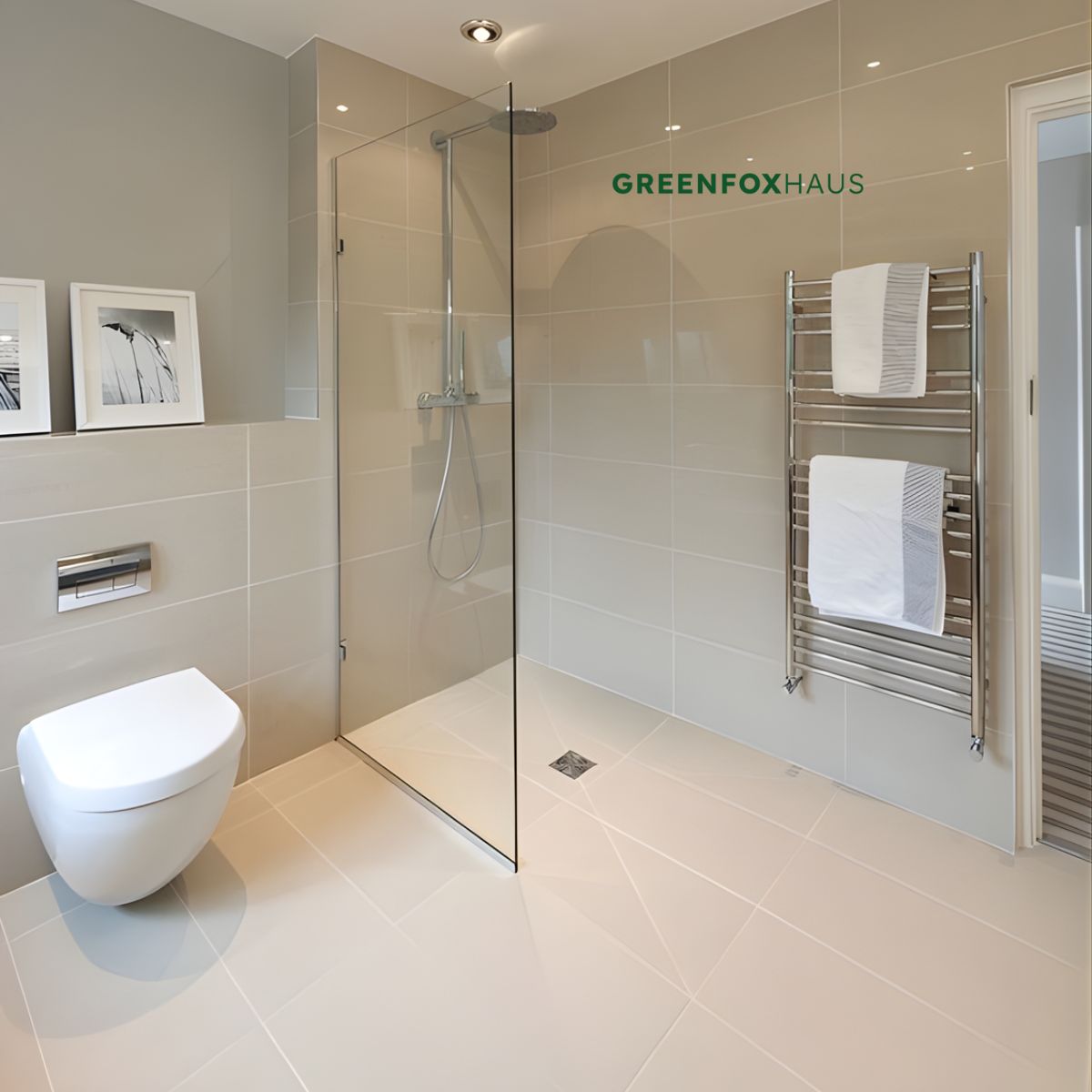 gạch ốp nhà vệ sinh 30x60 màu kem sáng men bóng, phòng tắm nhỏ hiện đại tối ưu ánh sáng