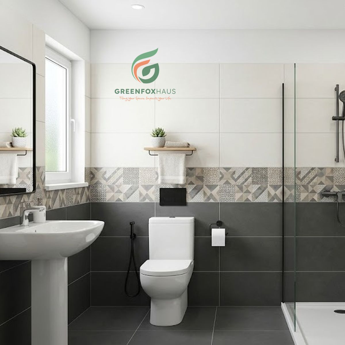 gạch ốp nhà vệ sinh 30x60 phối màu đậm nhạt, gạch điểm họa tiết tạo viền tường hiện đại