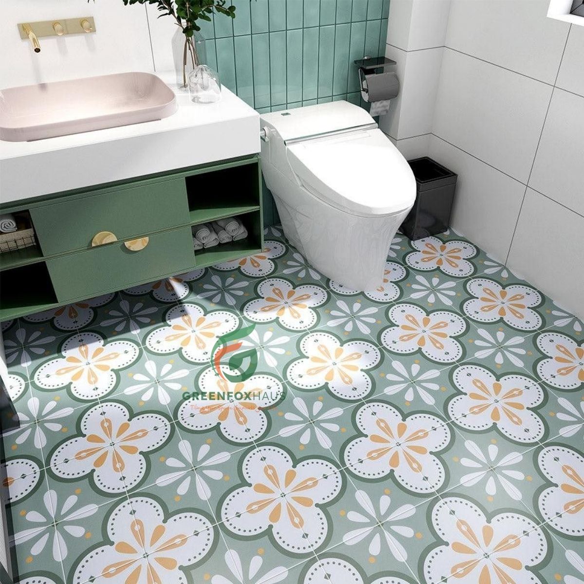 gạch bông cổ điển hoa văn hoa lá xanh vàng lát nền phòng tắm phong cách retro