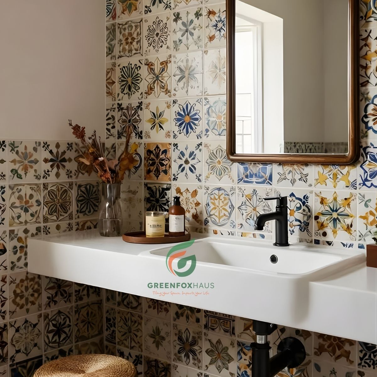 gạch bông ốp tường họa tiết hoa văn cổ điển đa màu cho phòng tắm vintage