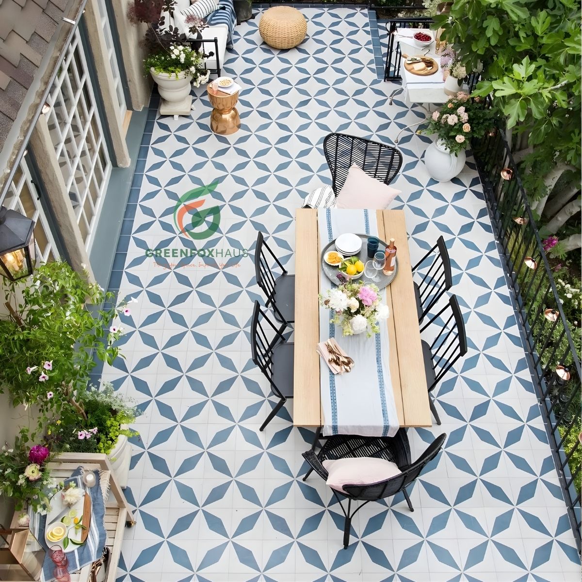 gạch bông lát nền đẹp màu xanh trắng họa tiết ngôi sao cho sân vườn ngoài trời