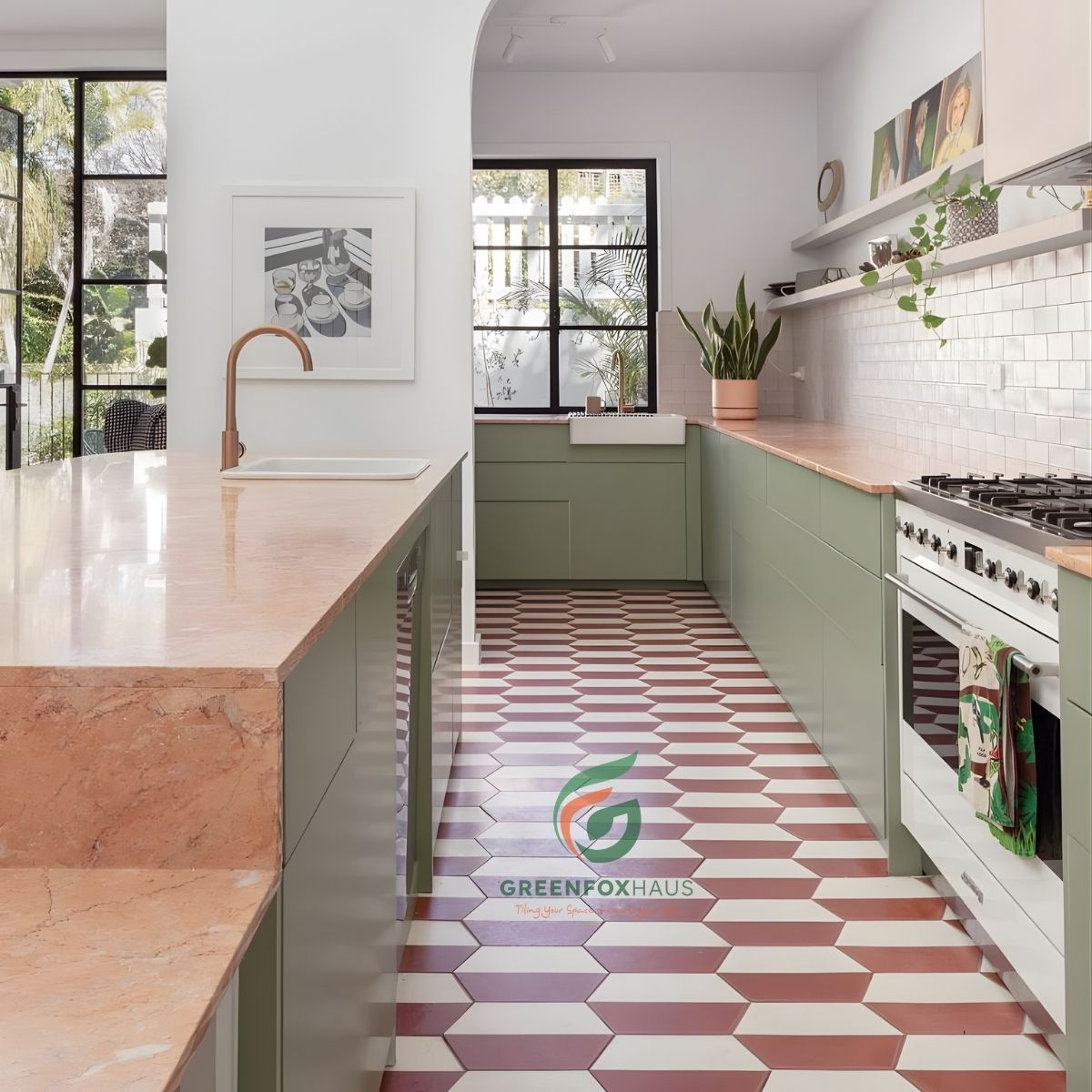 gạch bông lát nền bếp đơn sắc đỏ trắng dạng lục giác phong cách retro thập niên 90