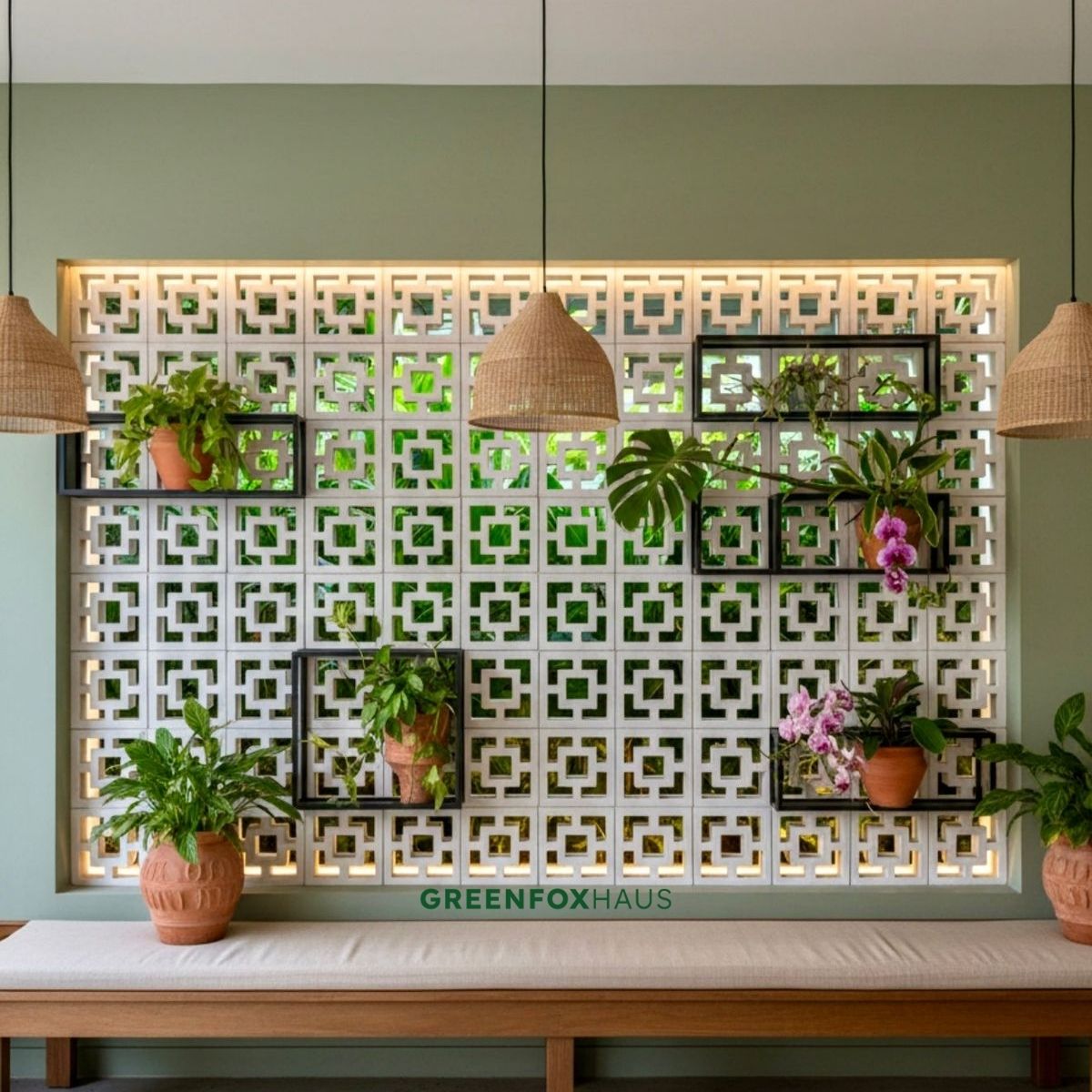 gạch bông gió trang trí vách ngăn phòng khách kết hợp cây xanh lấy sáng tự nhiên