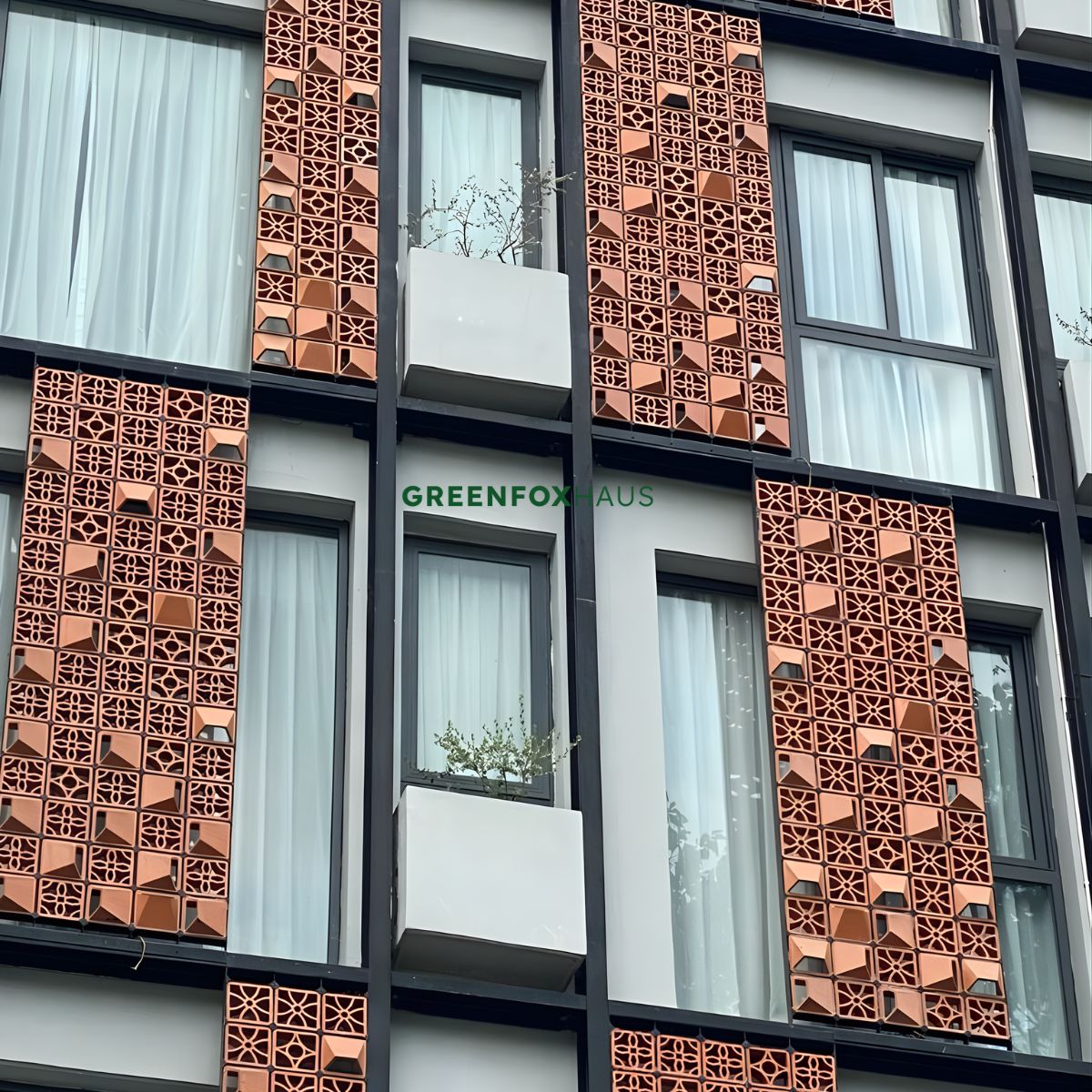 tường gạch bông gió bánh ú ngoại thất, gạch hoa gió chống tạt mưa cho mặt đứng công trình hiện đại