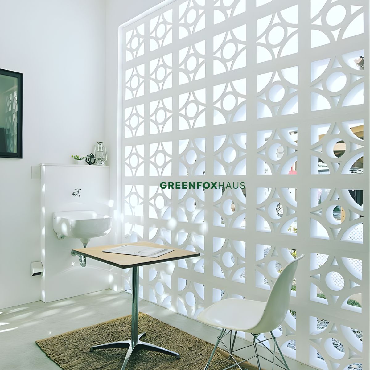 gạch bông gió trắng trang trí nội thất, tường gạch thông gió xi măng giúp lấy sáng tự nhiên và tán xạ ánh sáng hiệu quả