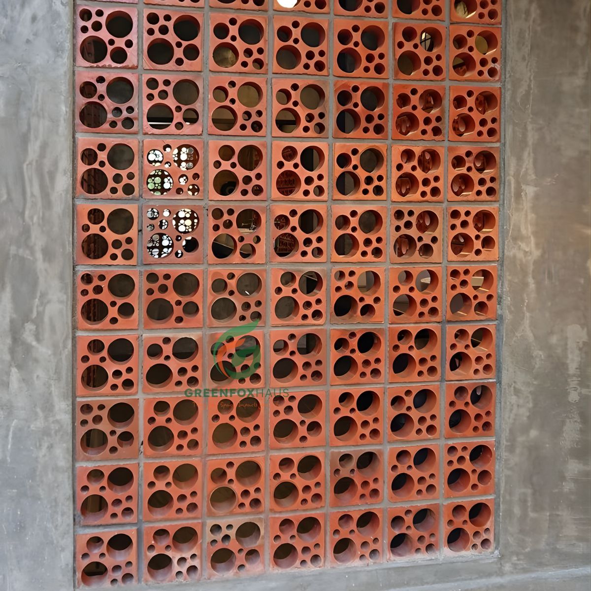 mẫu gạch bông gió đỏ họa tiết tròn, gạch thông gió trang trí tường ngoại thất độc đáo