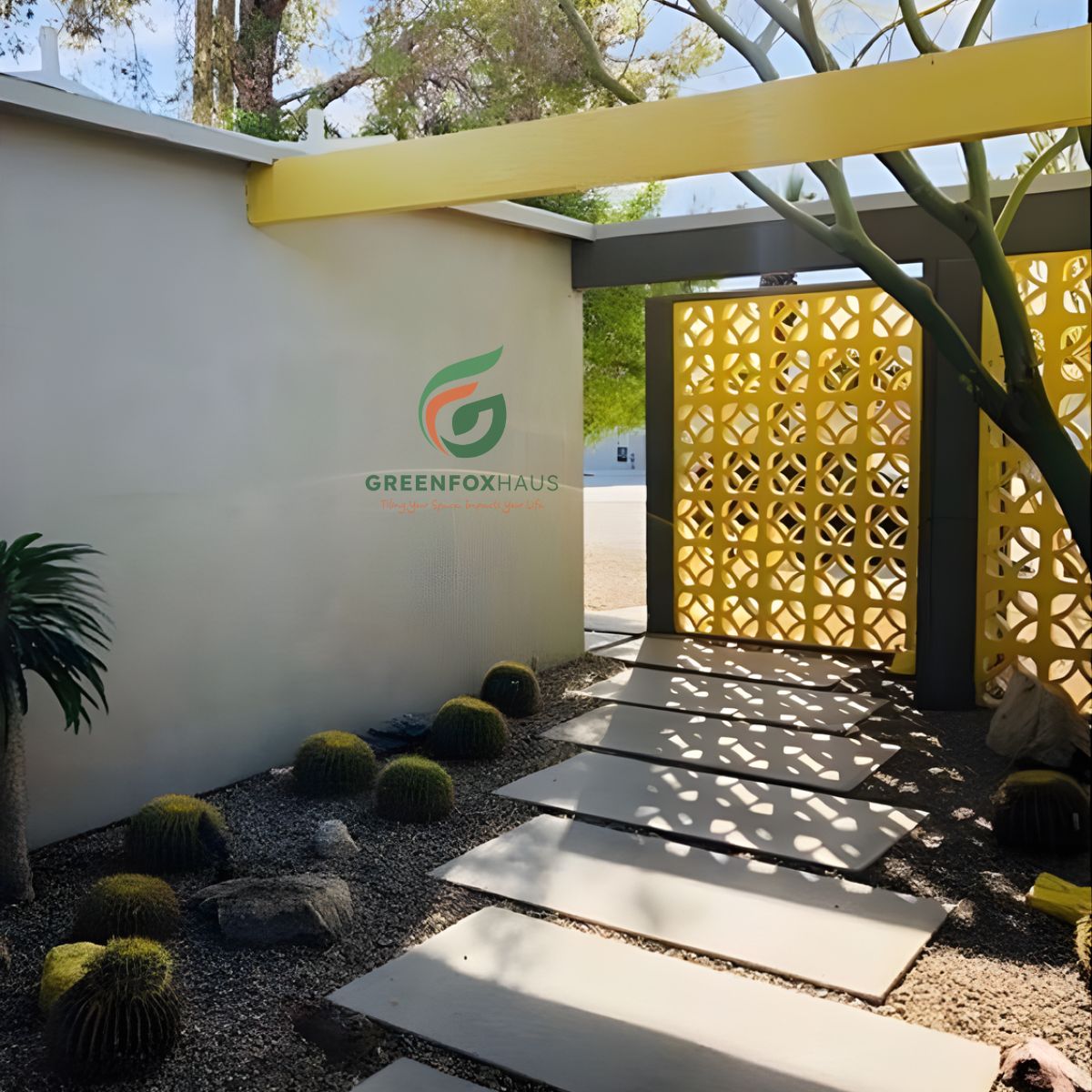 gạch bông gió màu vàng trang trí sân vườn, tường gạch hoa gió giúp lấy sáng và tạo bóng đổ đẹp