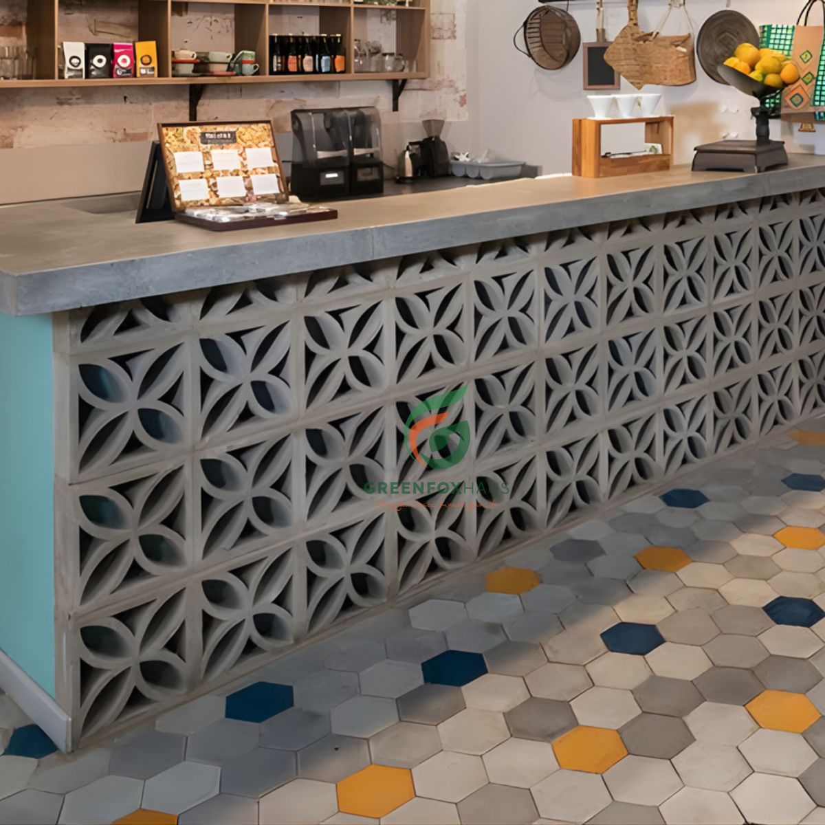 gạch bông gió trang trí quầy bar, gạch hoa gió xi măng tạo vách ngăn thông thoáng và thẩm mỹ