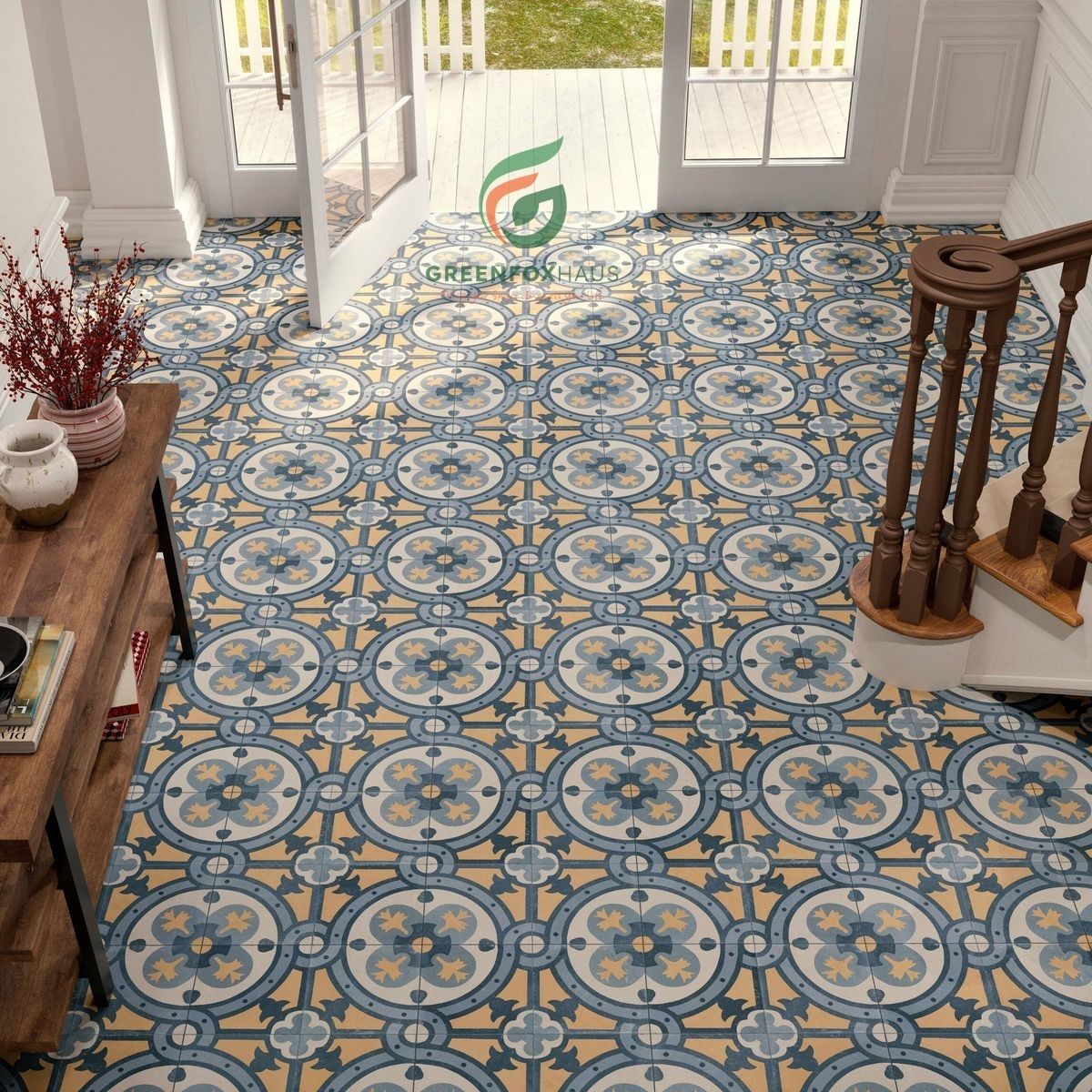gạch bông lát nền họa tiết cổ điển tông xanh vàng cho khu vực sảnh nhà