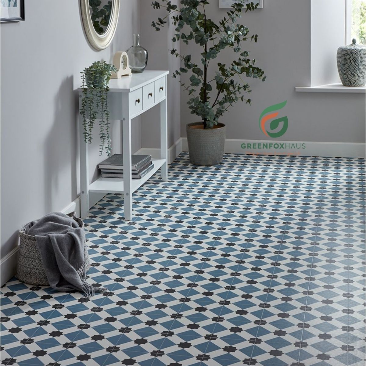 gạch bông lát nền họa tiết hình học xanh xám cho phòng khách hiện đại