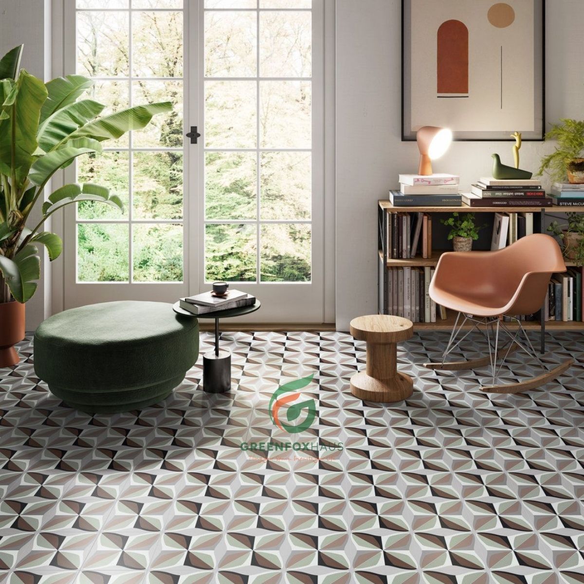 gạch bông 3D lát phòng khách phong cách hiện đại với hoa văn khối lập thể