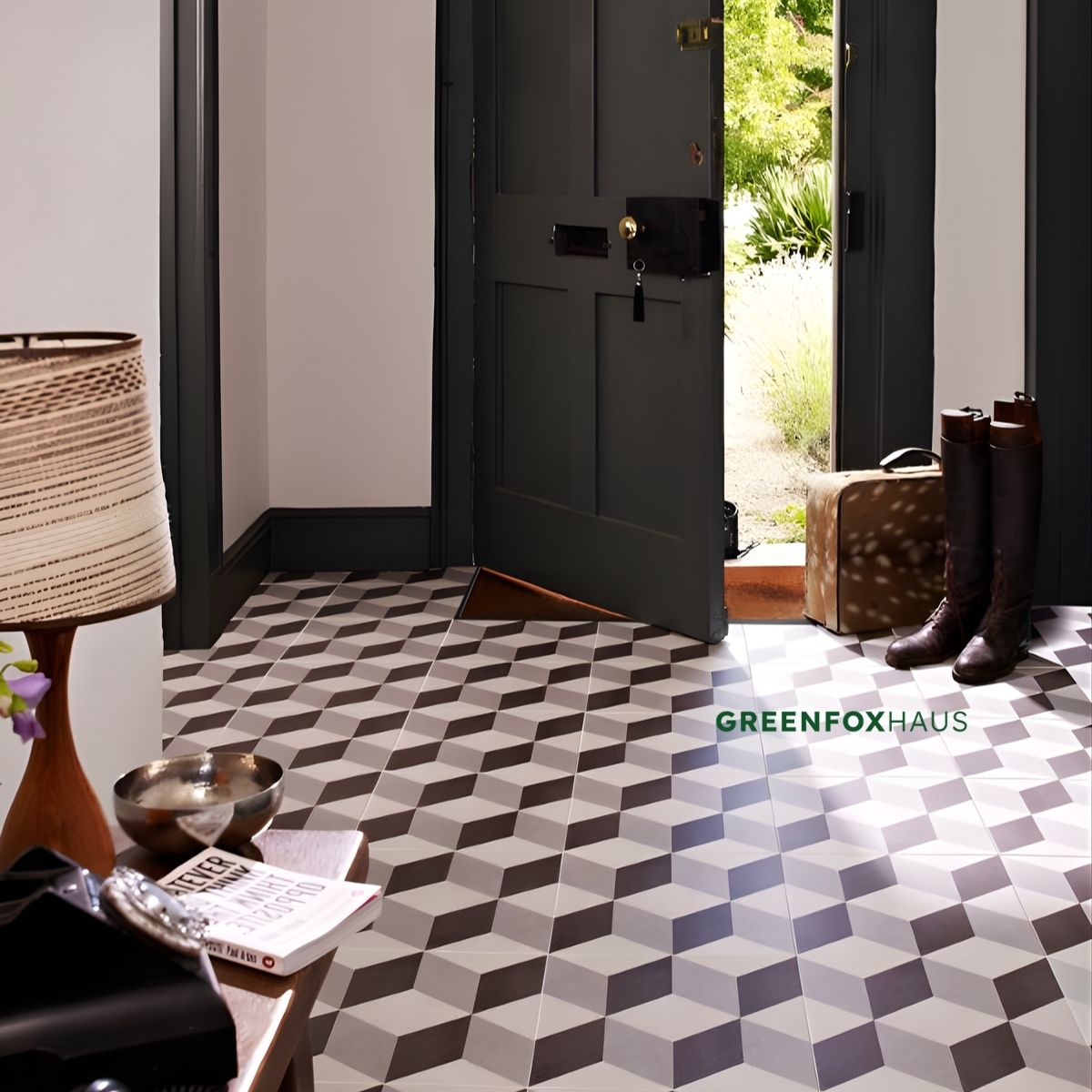 gạch bông lát nền 3D tông xám nâu tạo hiệu ứng khối cho khu vực cửa ra vào