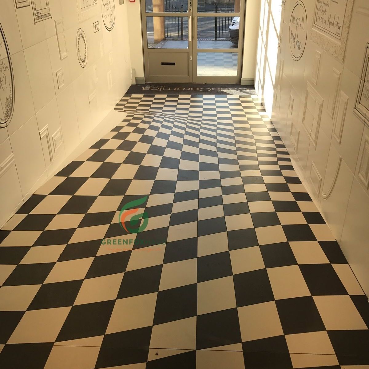 gạch bông 3D caro đen trắng lát sàn hành lang phong cách cổ điển hiện đại