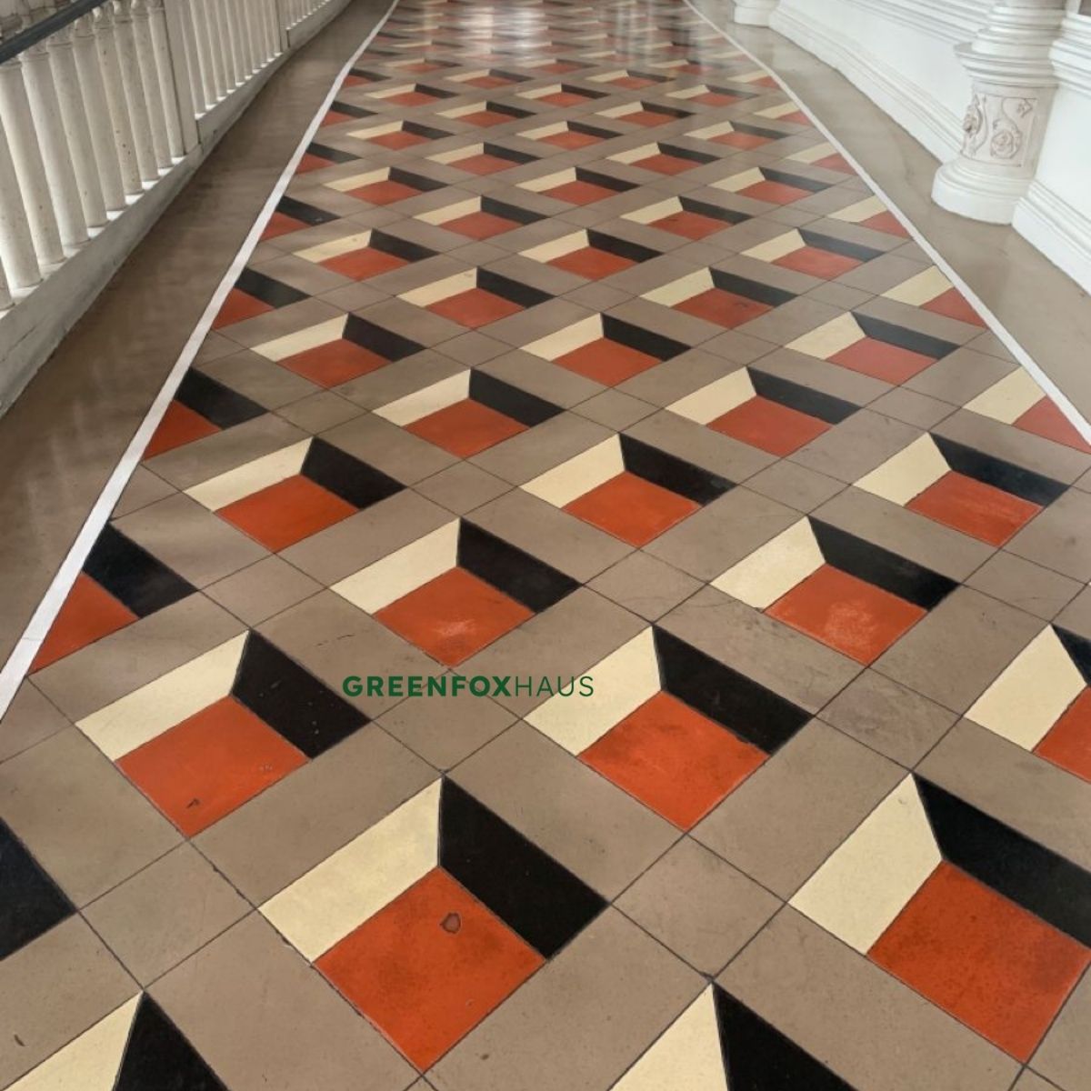 gạch bông 3D họa tiết khối màu đỏ đen lát hành lang tạo chiều sâu không gian