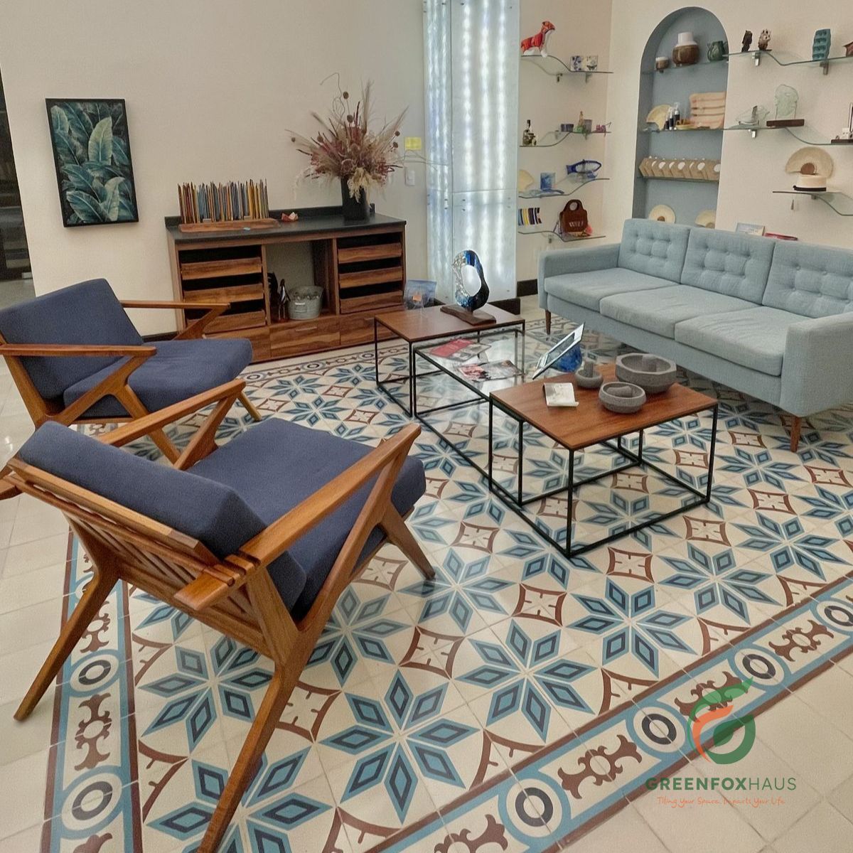 gạch men 80x80 họa tiết bông hoa cổ điển cho phòng khách phong cách vintage