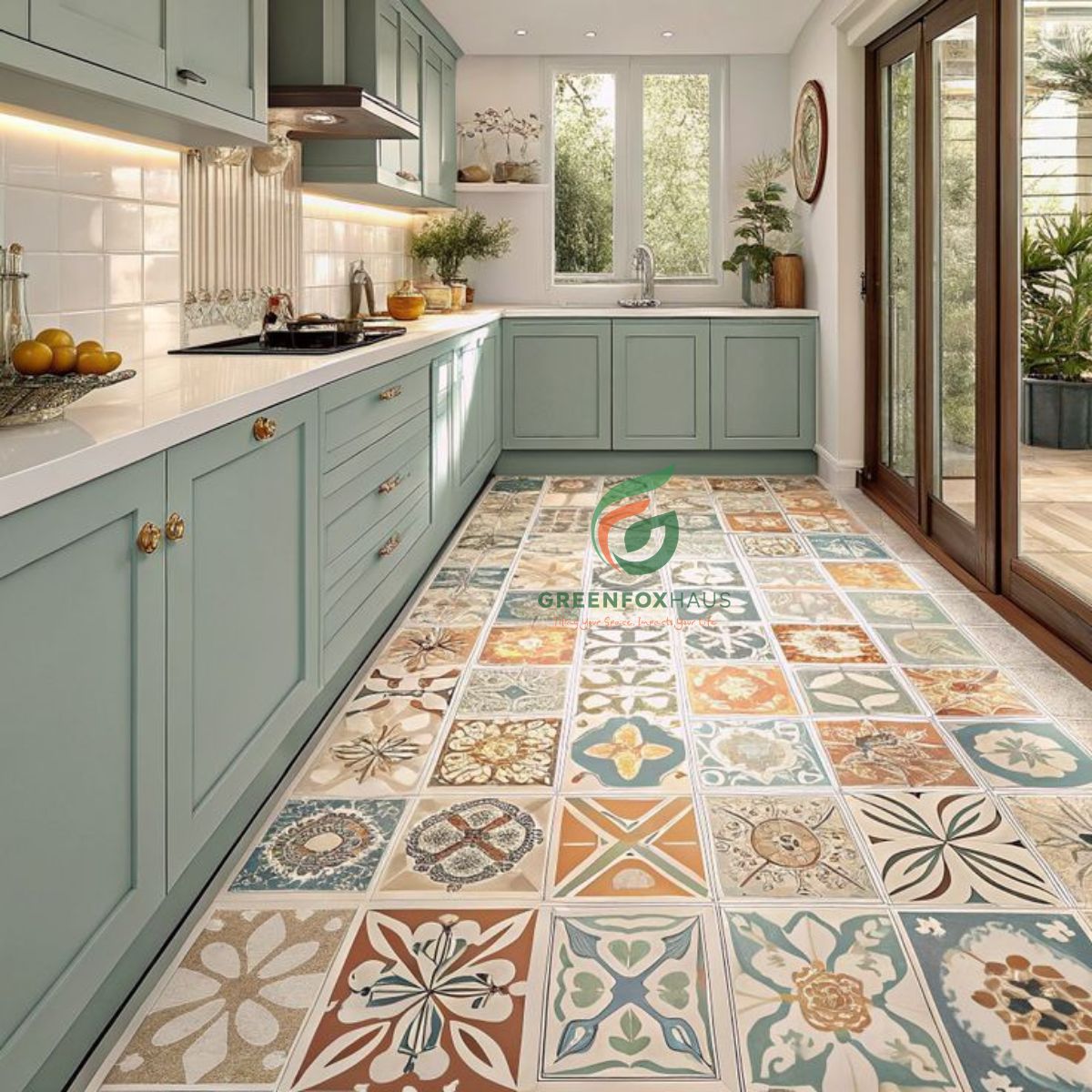 gạch bông 80x80 họa tiết patchwork đa màu cho không gian bếp nổi bật
