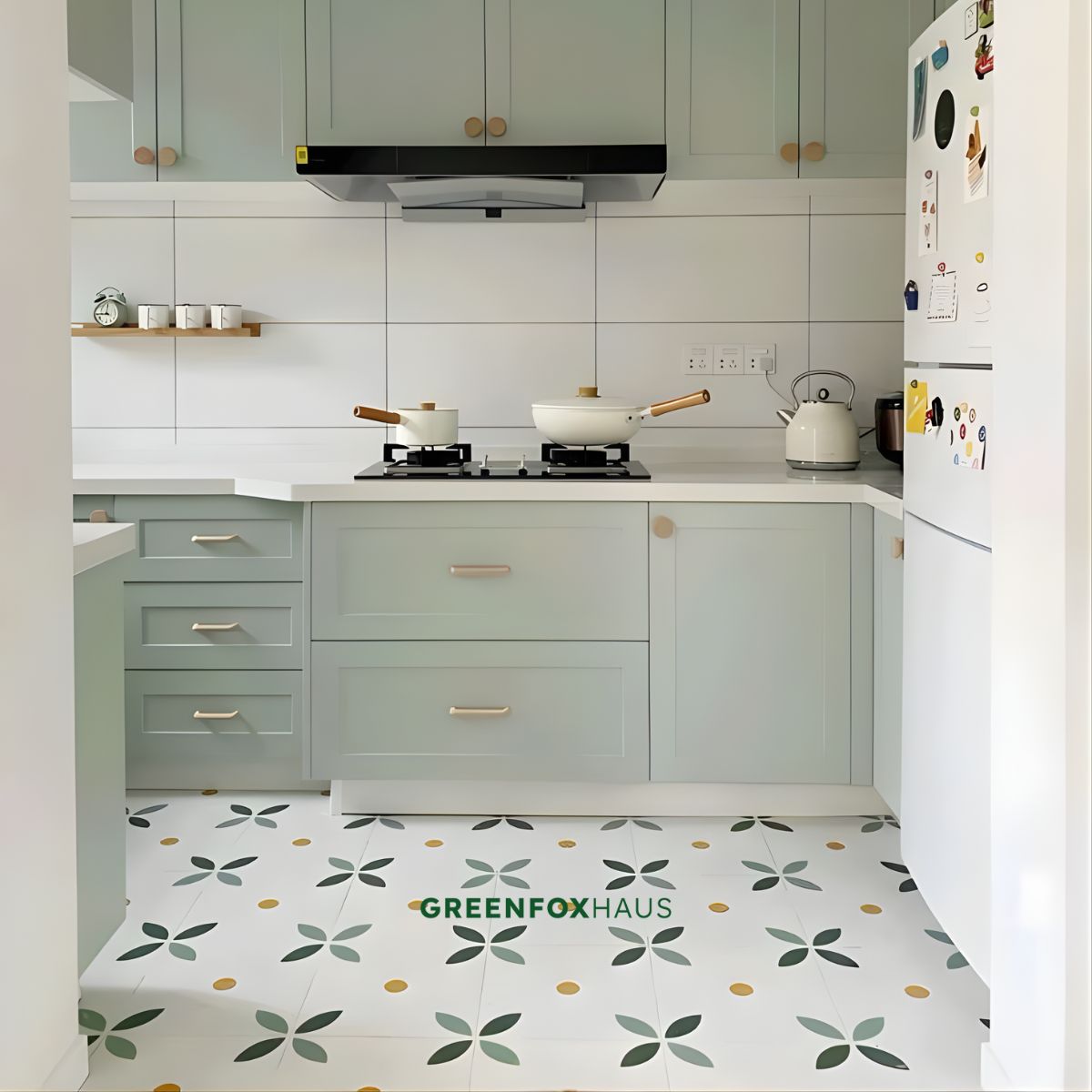 gạch lát nền nhà 80x80 họa tiết bông tối giản cho bếp hiện đại