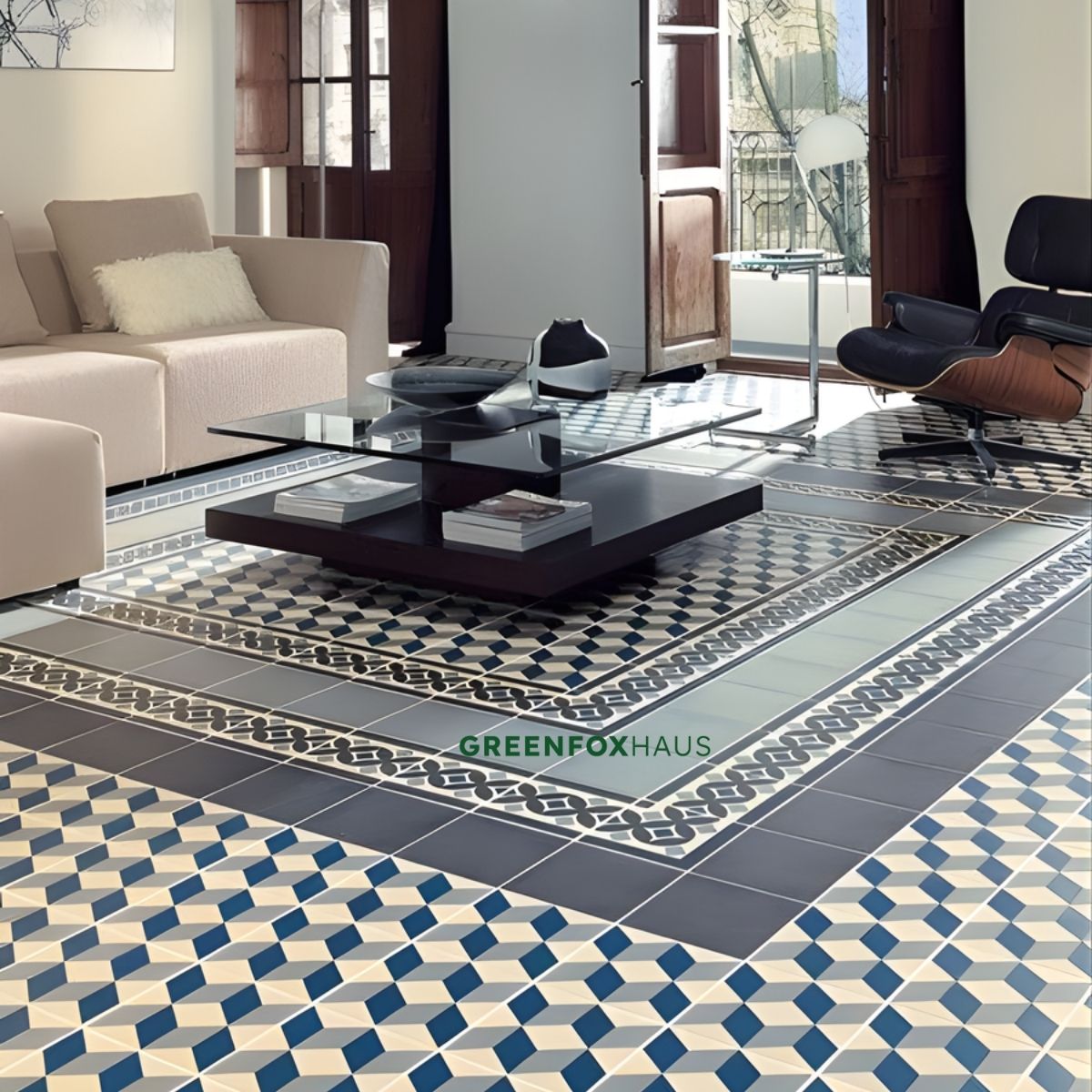 gạch hoa lát nền phòng khách họa tiết hình học phối thảm gạch trung tâm sang trọng