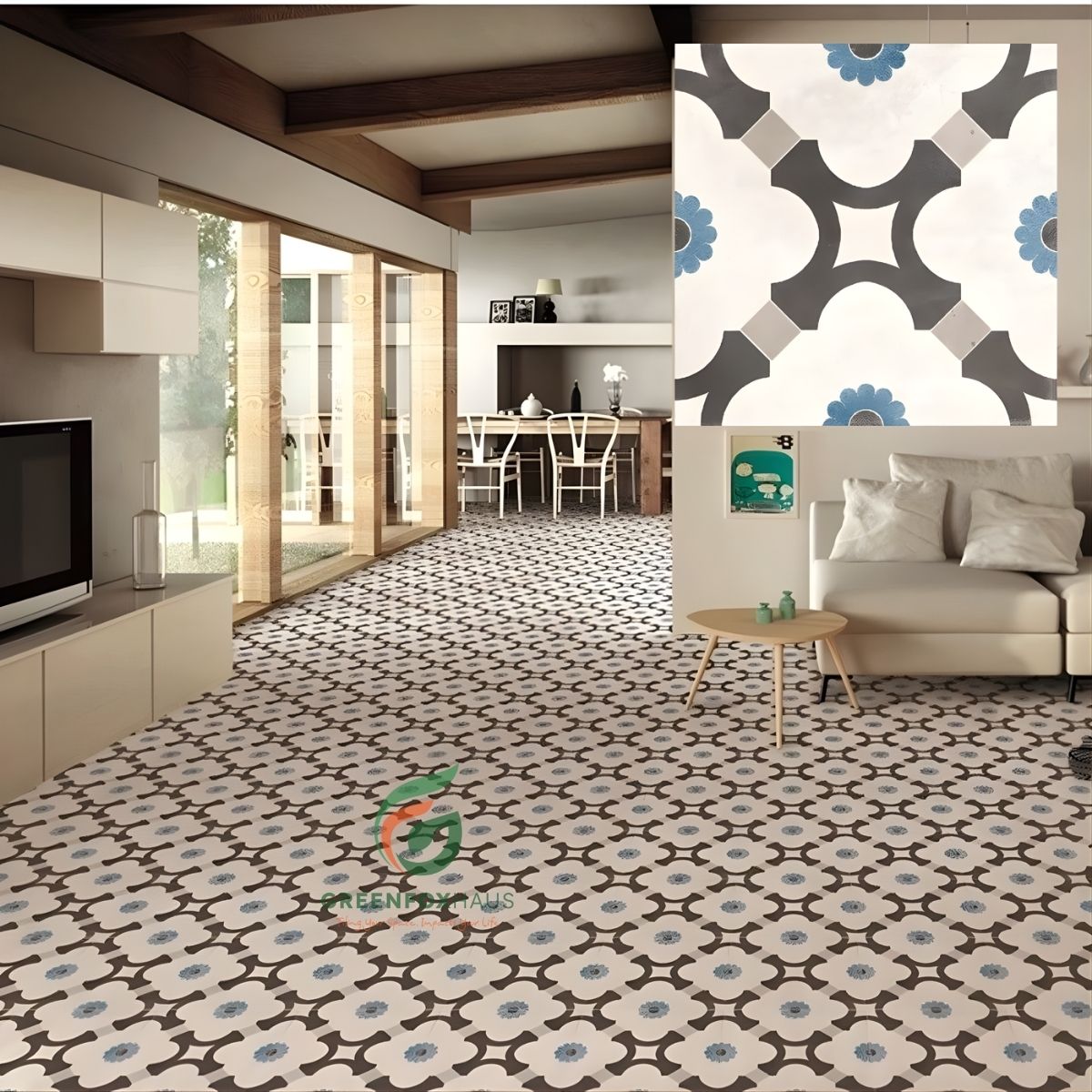 gạch bông lát phòng khách họa tiết cổ điển tông trắng đen điểm xanh nhẹ