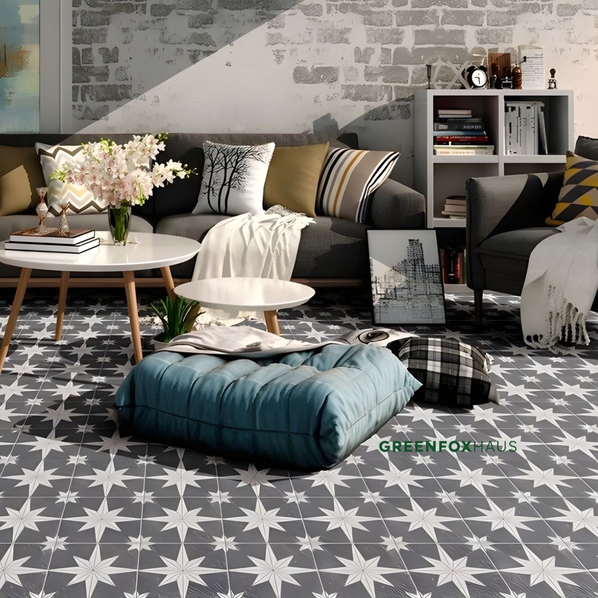 gạch hoa lát nền phòng khách họa tiết ngôi sao xám trắng phong cách hiện đại