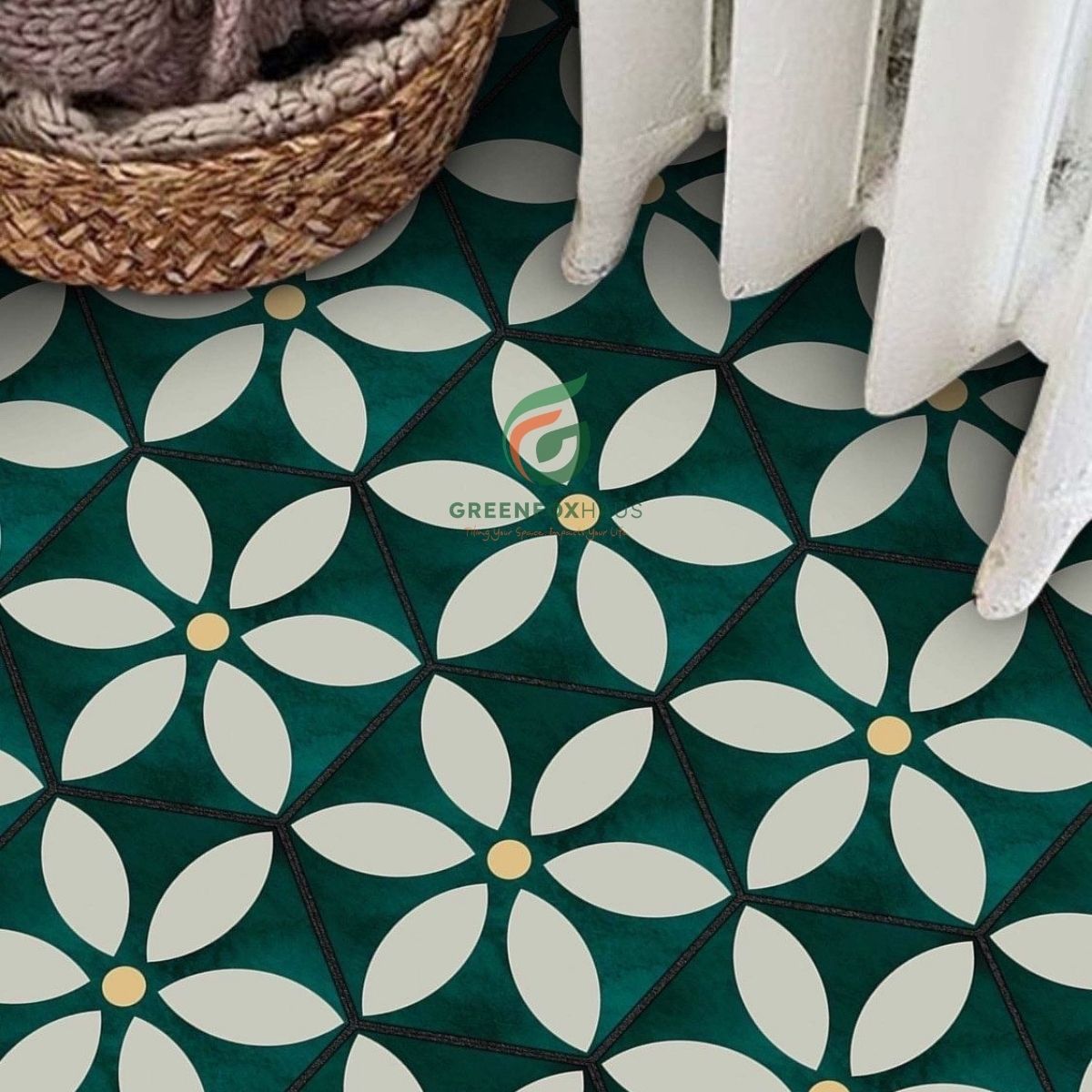 gạch bông xi măng lục giác xanh đậm họa tiết hoa lát nền phong cách retro