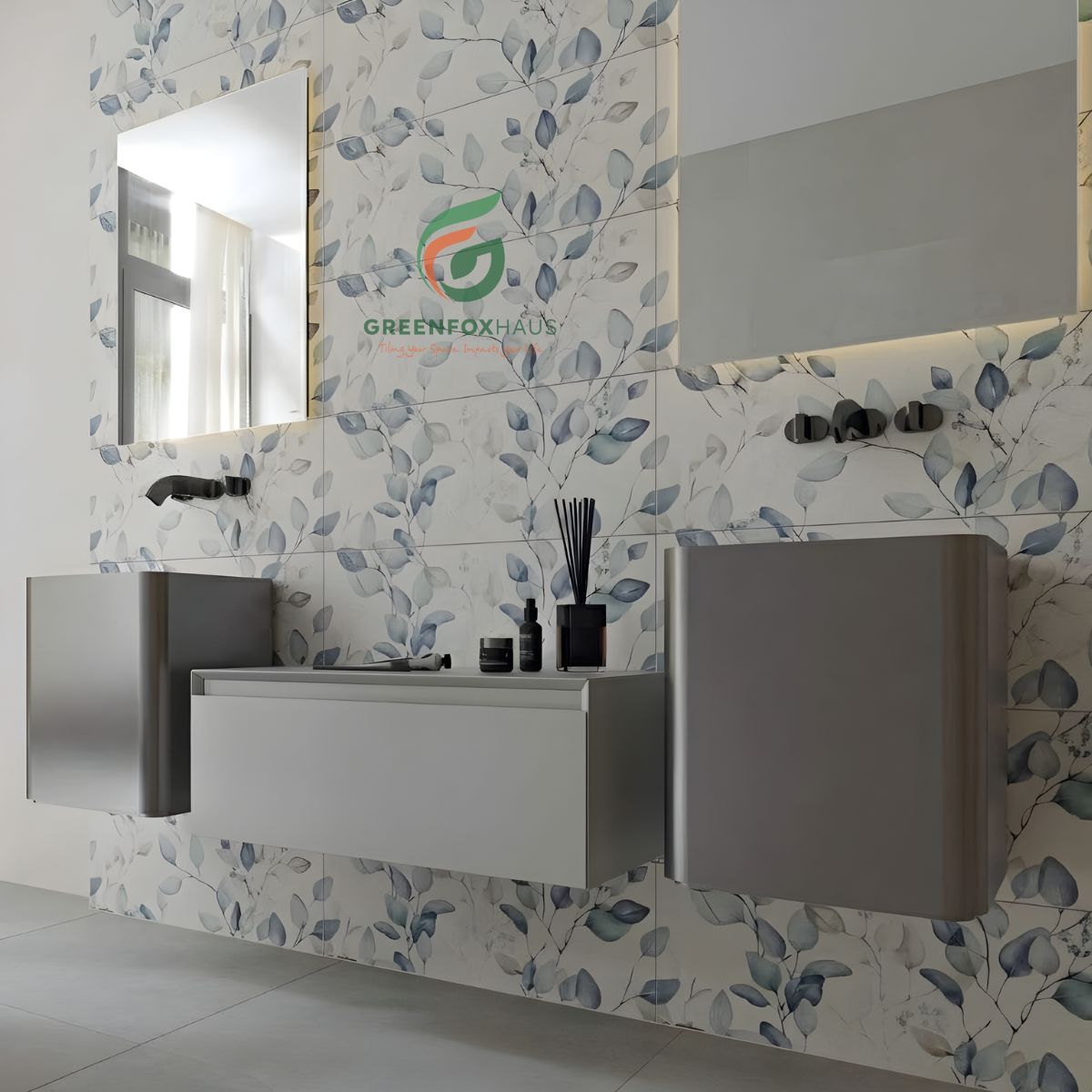 gạch ốp tường 30x60 họa tiết lá xanh trang trí phòng tắm cao cấp