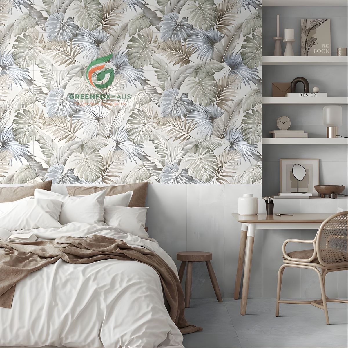 gạch ốp tường 30x60 họa tiết lá lớn trang trí phòng ngủ hiện đại