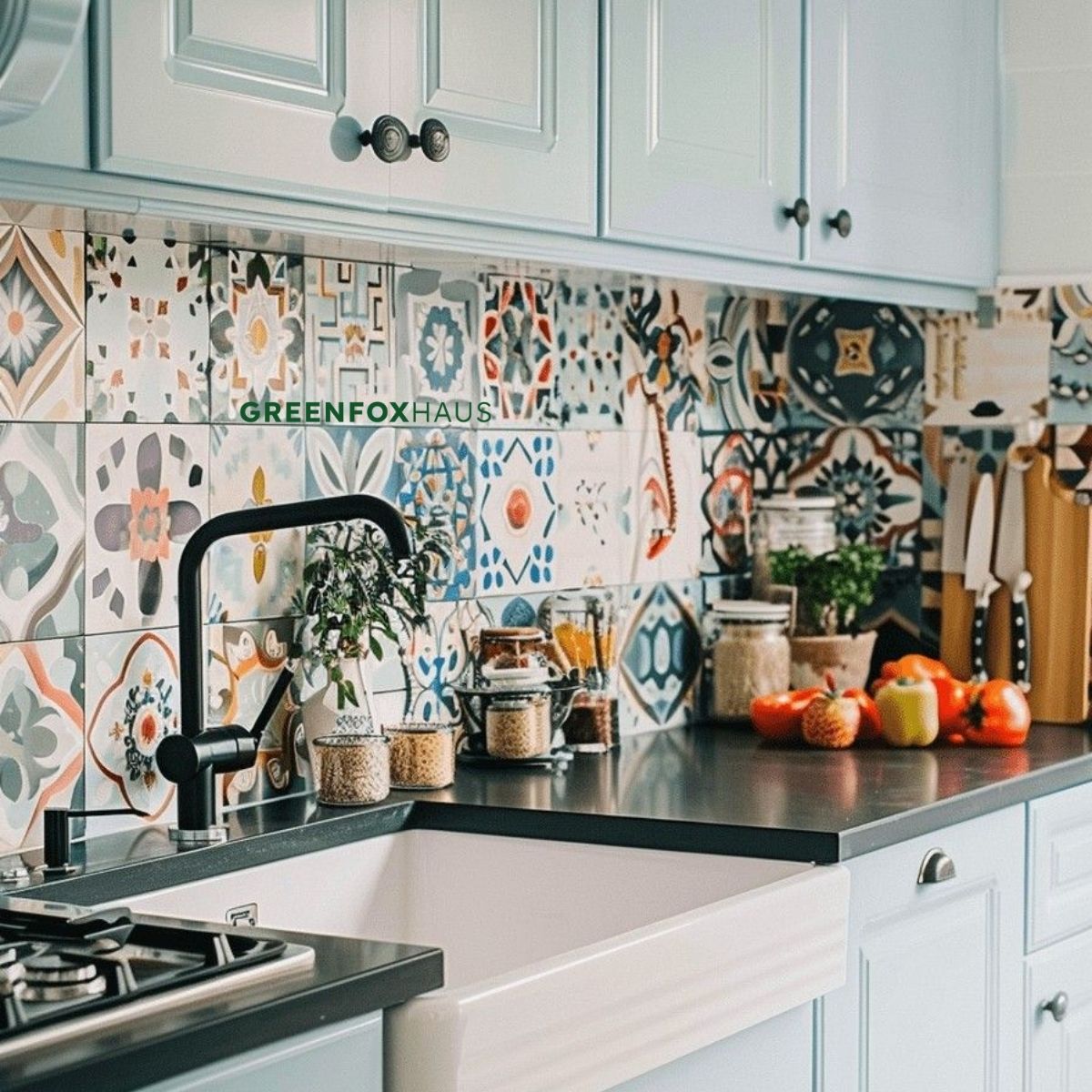 gạch bông ốp tường nhà bếp đa họa tiết mix pattern phong cách vintage