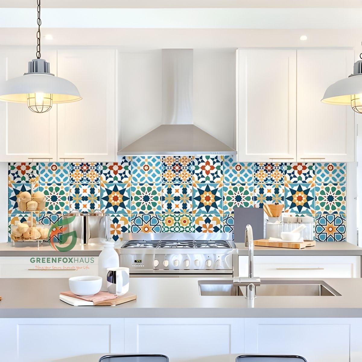 gạch bông ốp backsplash bếp họa tiết hình học nhiều màu nổi bật hiện đại