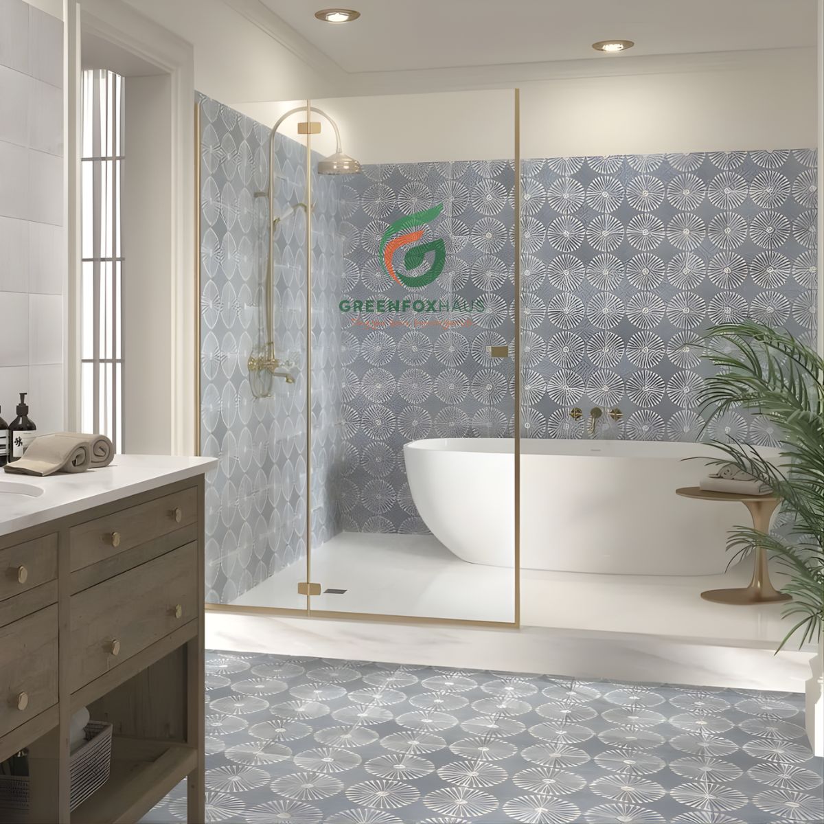 gạch ốp nhà vệ sinh 30x60 kết hợp gạch bông, mẫu gạch ốp tường 30x60 đẹp