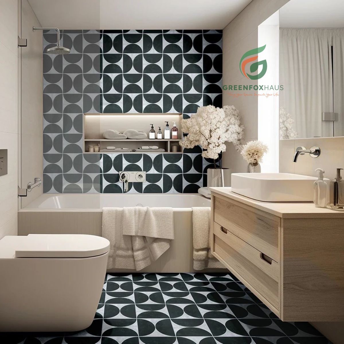 gạch ốp nhà vệ sinh 30x60 phối gạch bông hiện đại, gạch ốp nhà tắm đẹp