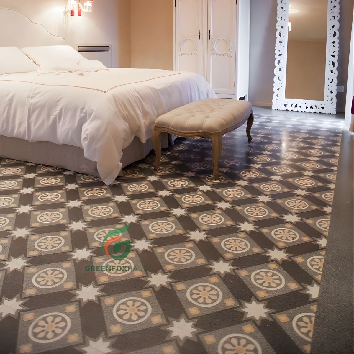 gạch bông lát nền phòng ngủ họa tiết cổ điển tông xám nâu sang trọng