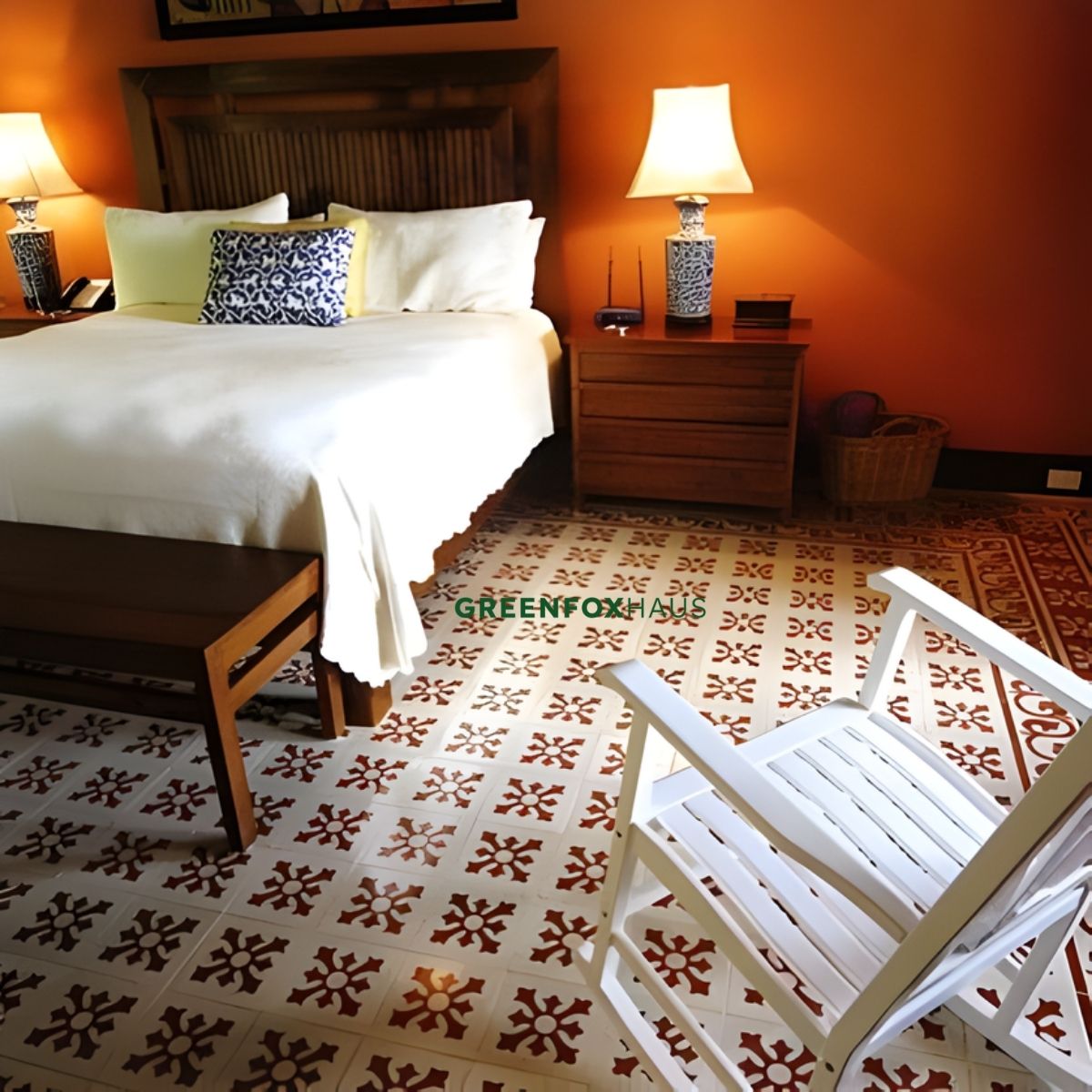 gạch bông lát sàn phòng ngủ họa tiết hoa văn đỏ trắng phong cách vintage