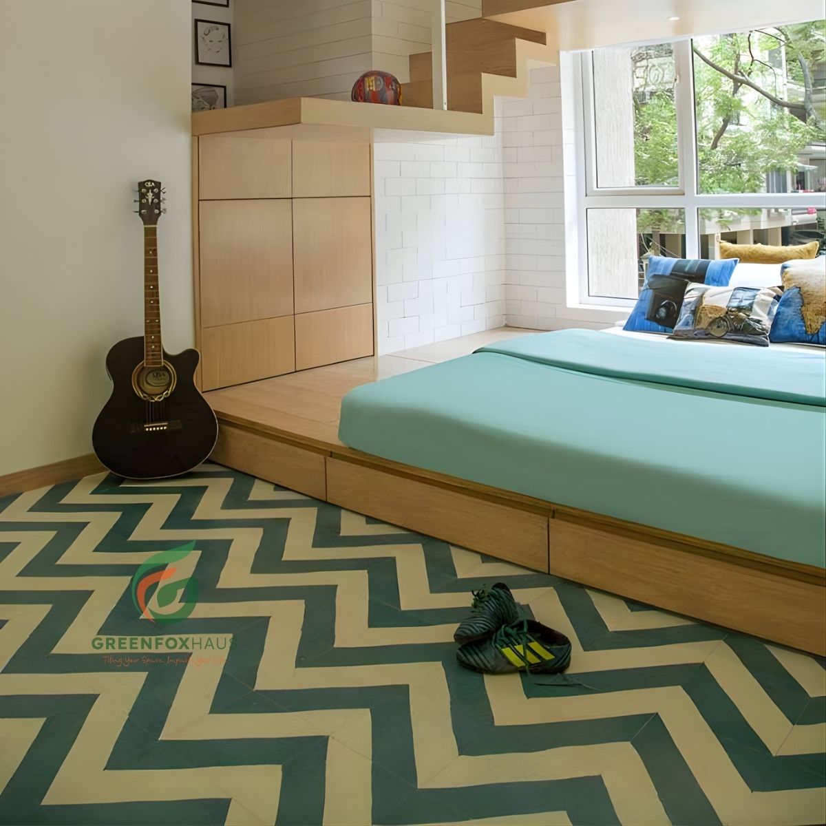 gạch bông lát nền phòng ngủ họa tiết zigzag xanh trắng hiện đại trẻ trung