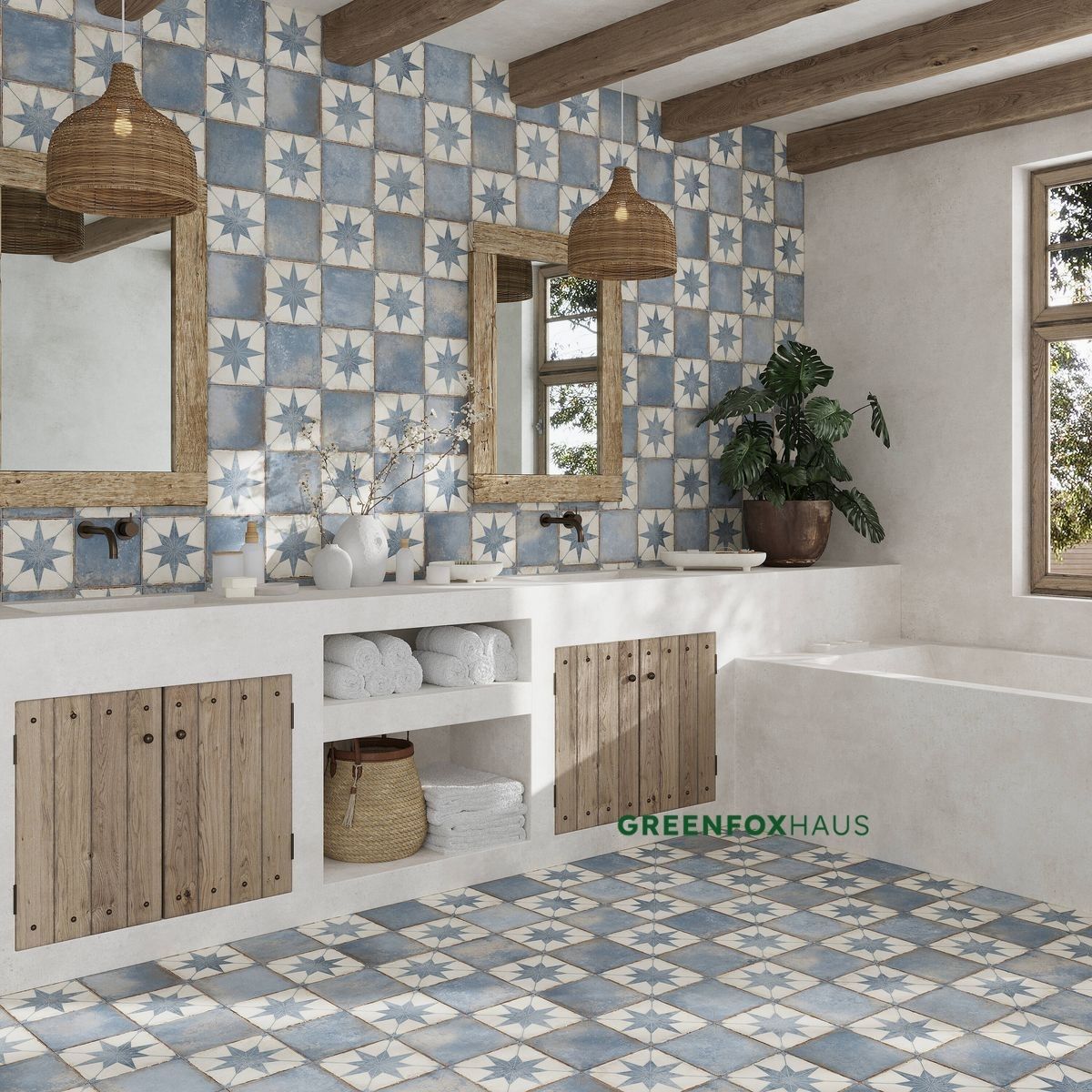 gạch bông ốp tường phòng tắm họa tiết ngôi sao xanh vintage kết hợp nội thất gỗ