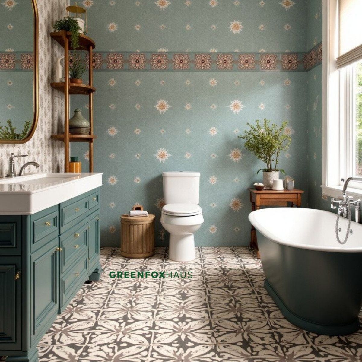 gạch bông lát nền phòng tắm họa tiết cổ điển tông trắng xám phối nội thất xanh