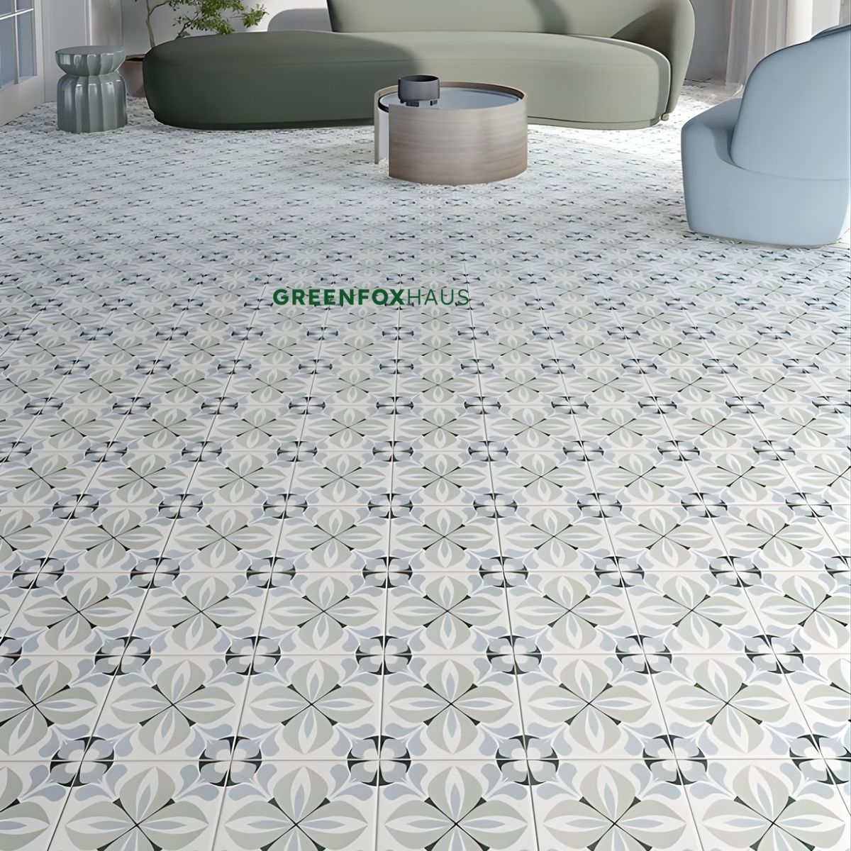 gạch bông porcelain lát nền xám trắng hoa văn cổ điển cho phòng khách hiện đại