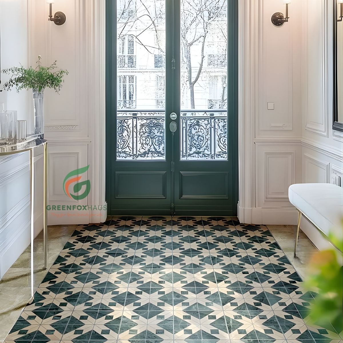 gạch bông lát nền đẹp xương porcelain họa tiết hình học xanh trắng cho sảnh nhà