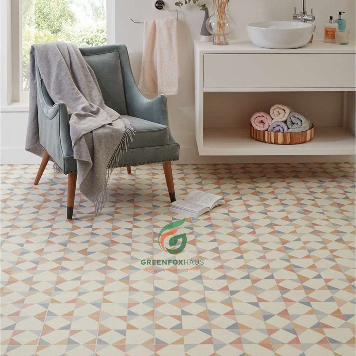 gạch bông lát sàn đẹp họa tiết tam giác pastel phong cách retro cho phòng tắm