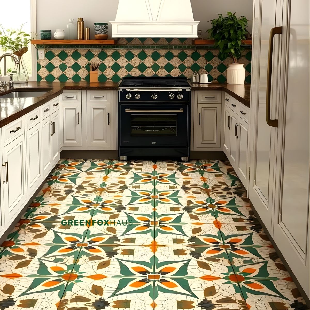 gạch bông xi măng giả cổ xương porcelain họa tiết hoa văn xanh cam lát nền bếp