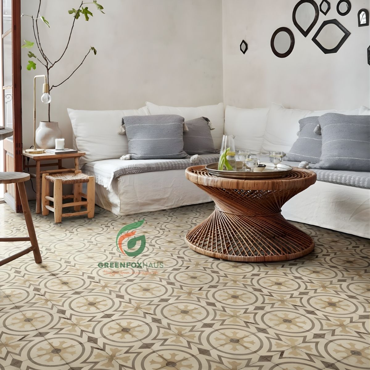 gạch bông 20x20 họa tiết cổ điển lát phòng khách phong cách vintage nhẹ nhàng