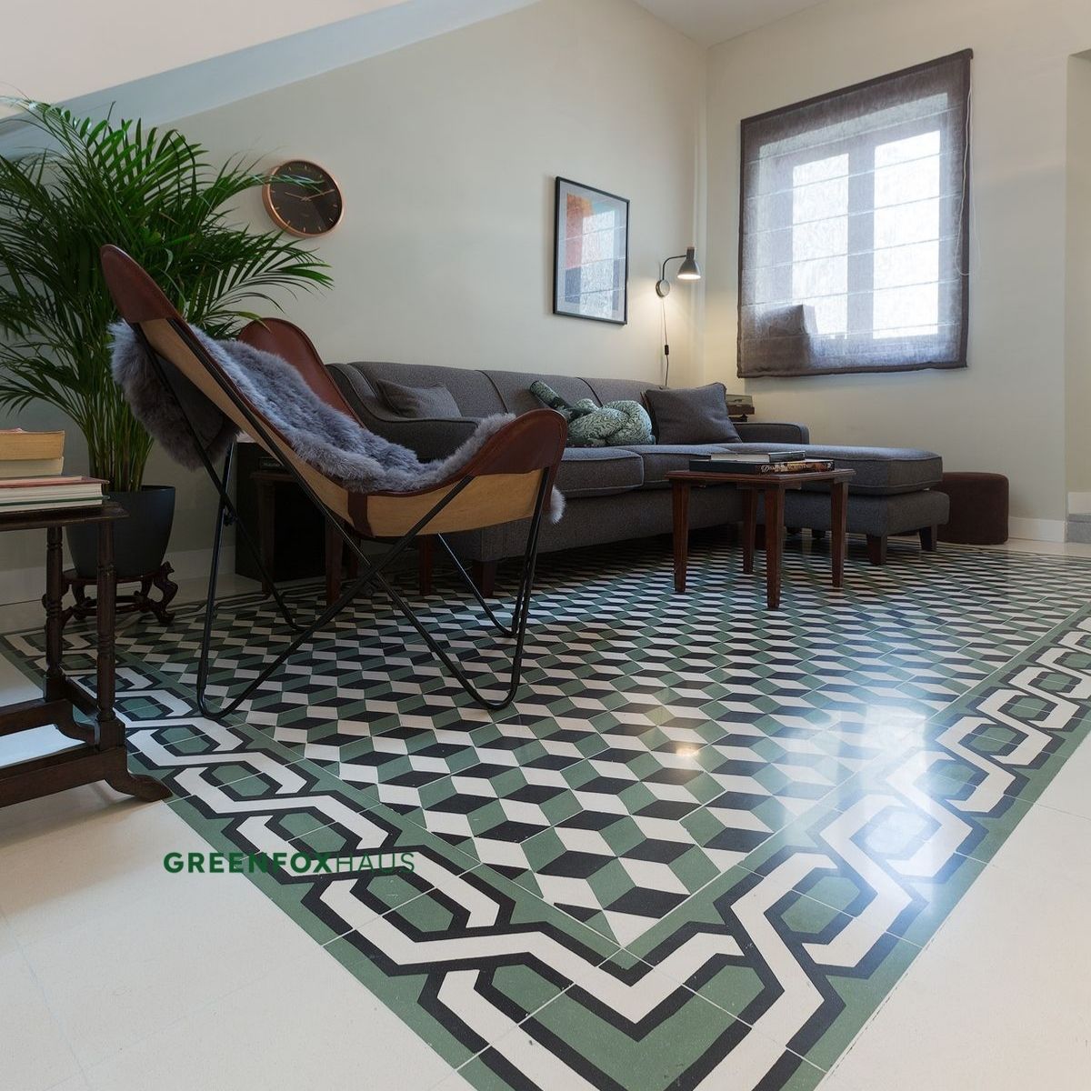 gạch bông 20x20 phối viền trang trí tạo điểm nhấn khu vực phòng khách hiện đại