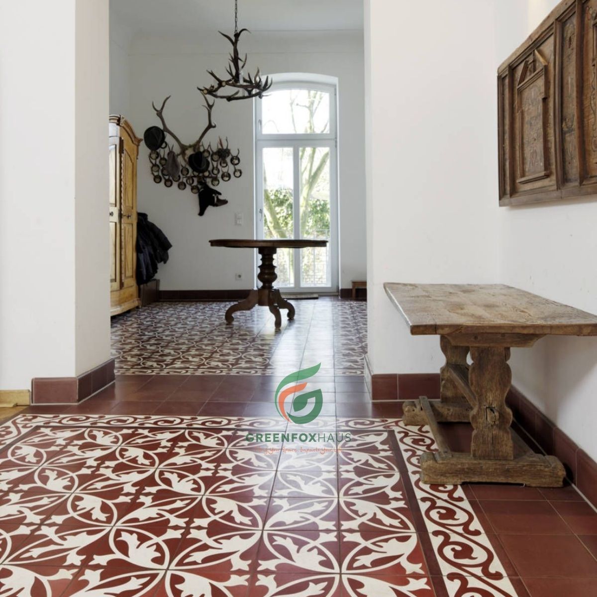 gạch bông 20x20 màu đỏ cổ điển lát sàn nhà phong cách Indochine