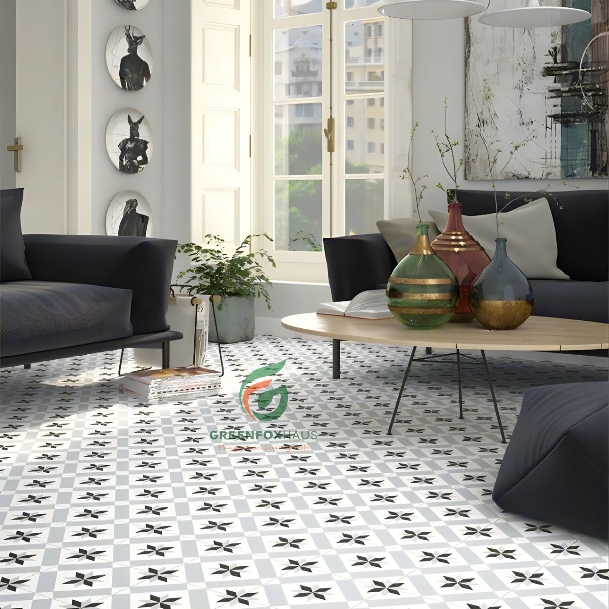 gạch bông xi măng lát nền xám trắng hoa văn cổ điển cho phòng khách hiện đại