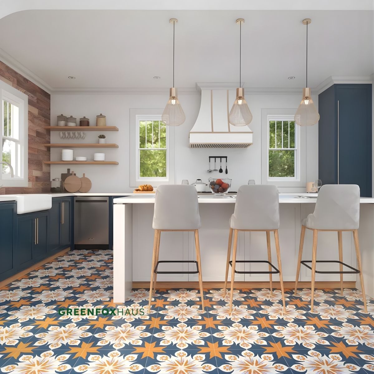 gạch bông lát nền đẹp họa tiết hoa văn xanh vàng phong cách cổ điển cho phòng bếp