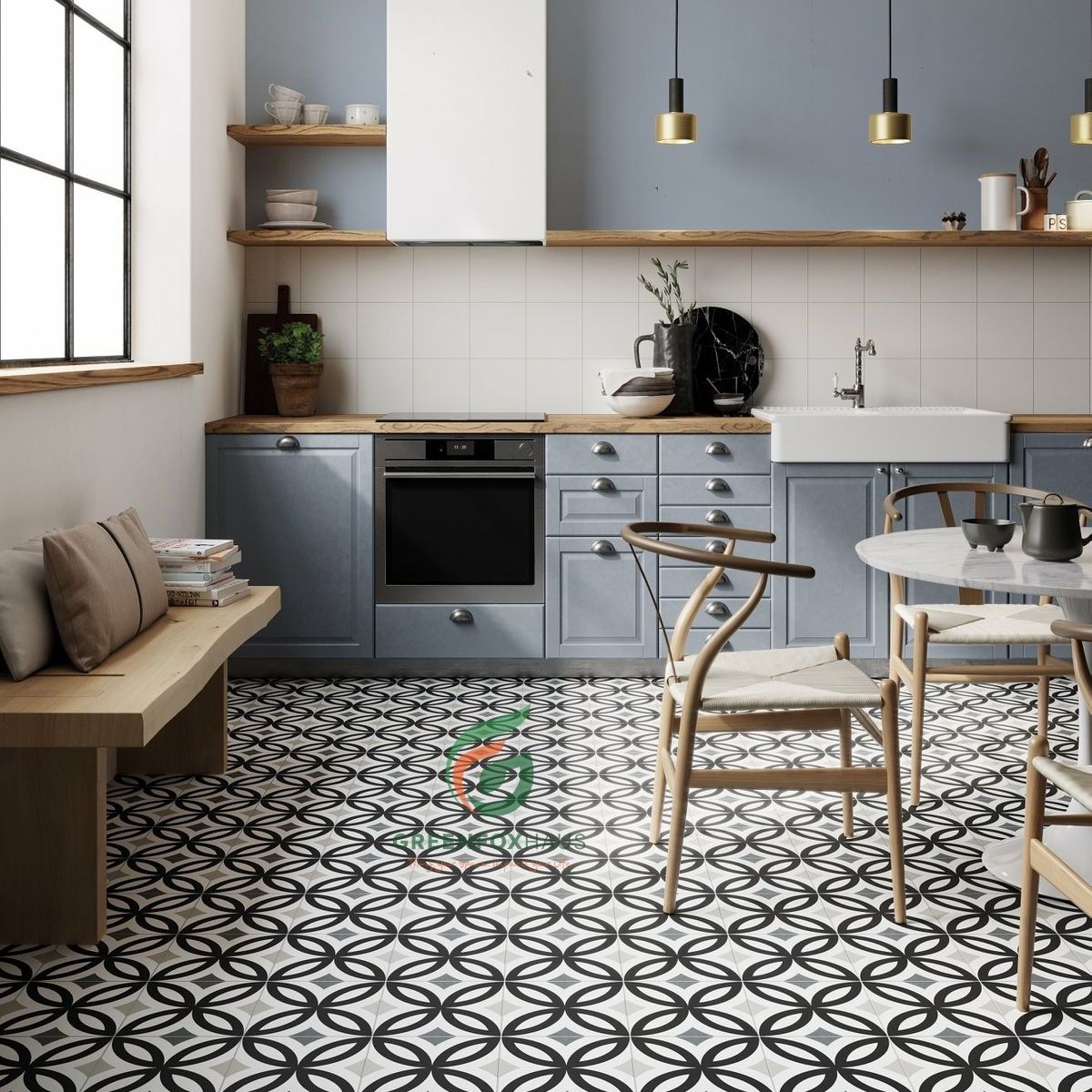 gạch bông xưa lát sàn họa tiết hình học đen trắng cho không gian bếp hiện đại