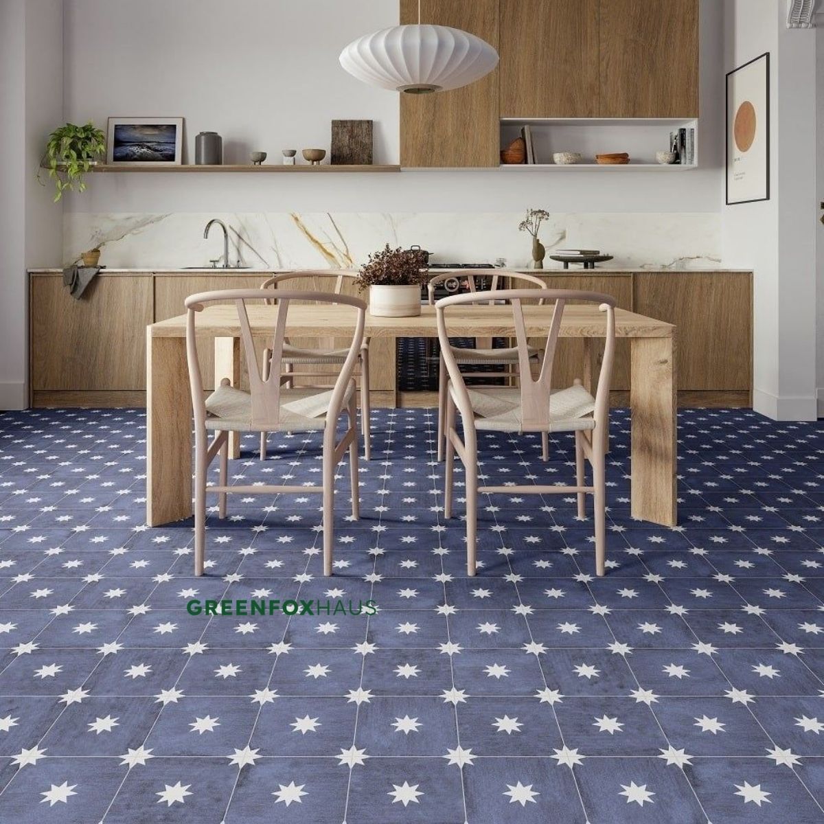 gạch bông xi măng lát nền xanh đậm họa tiết ngôi sao cho phòng ăn phong cách retro