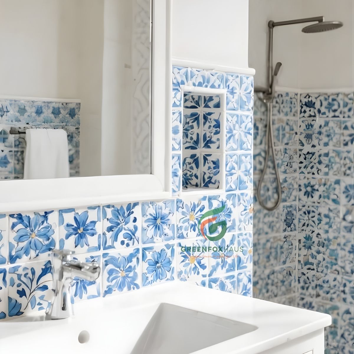 gạch bông ốp tường phòng tắm hoa văn xanh trắng phong cách cổ điển