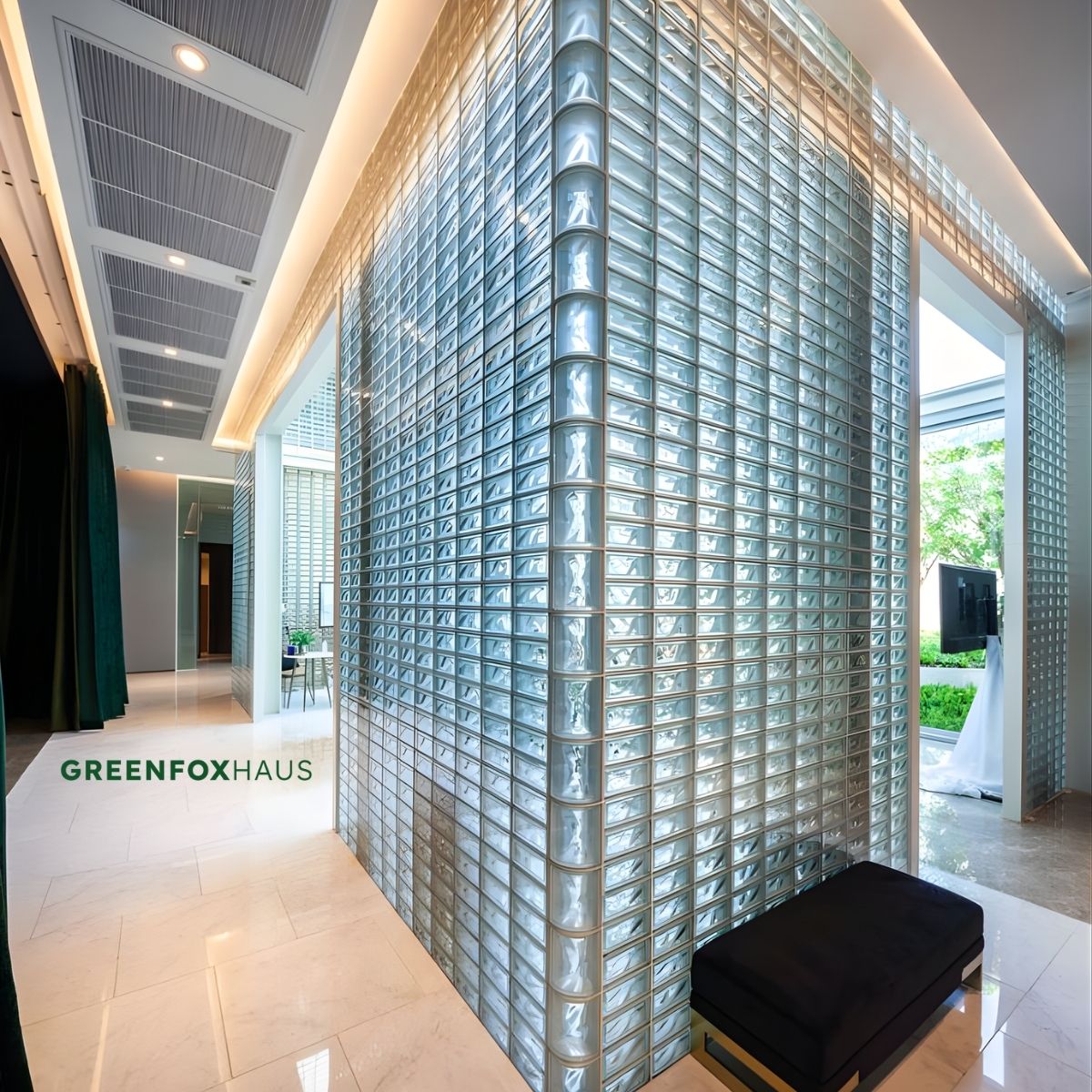 kích thước gạch kính chữ nhật 190x90x80mm tạo điểm nhấn ô kính lấy sáng cho vách ngăn nội thất hiện đại