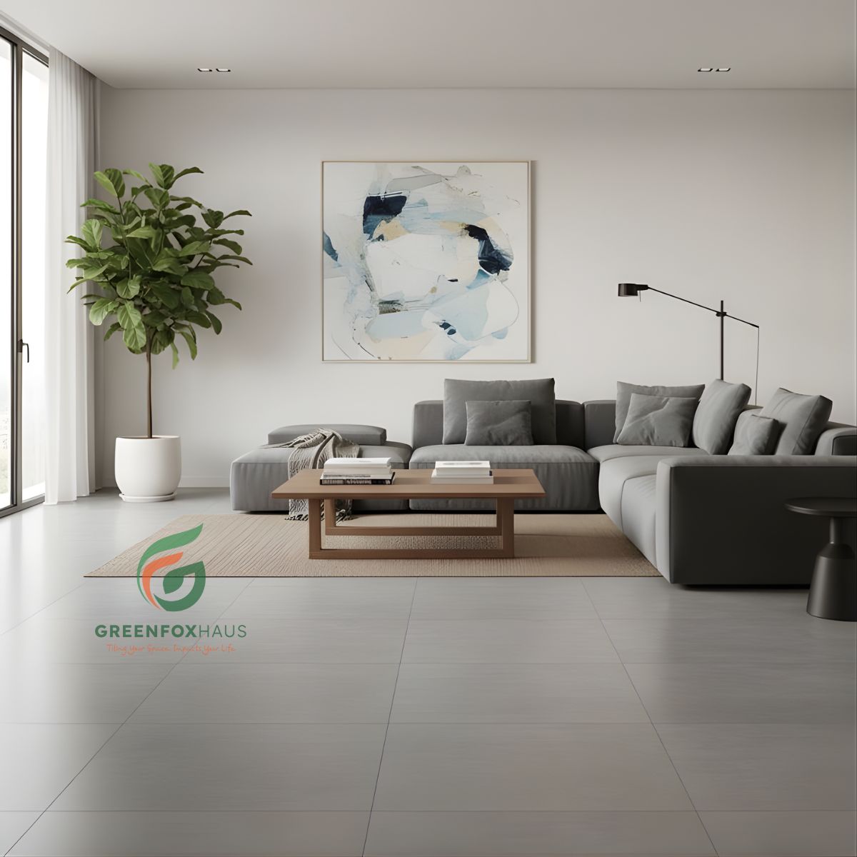 gạch lát nền màu ghi xám phòng khách tối giản sáng thoáng và thanh lịch